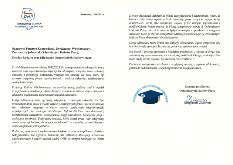 List Komendanta Głównego OHP z okazji zakończenie roku szkoleniowego