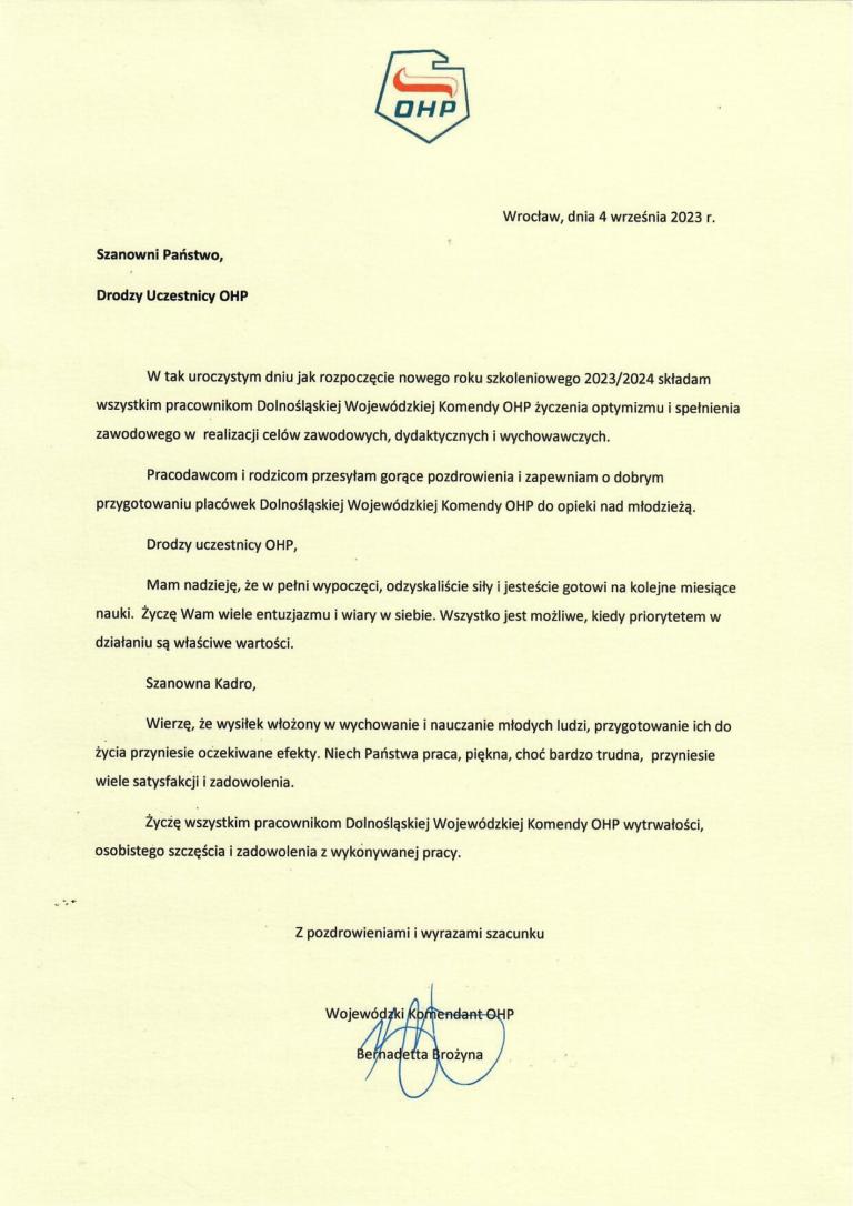 List Wojewódzkiego Komendanta OHP na rozpoczęcie roku szkoleniowego 2023/2024