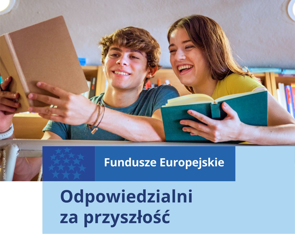 Niebieskie gwiazdy z sygnetu znaku Funduszy Europejskich, napis „Fundusze Europejskie”, tytuł projektu "Odpowiedzialni za przyszłość"